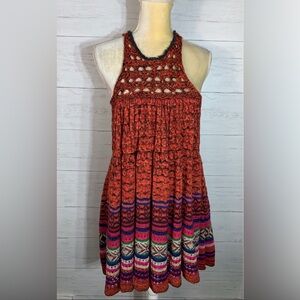 Free People Rare Hearts Red Knit Crochet Sweater Tunic Mini Dress Womens S